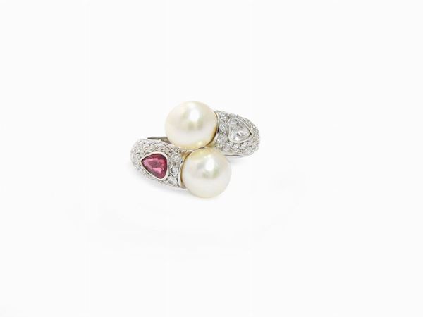 White gold ring with diamonds, ruby \u200b\u200band Akoya cultured pearls