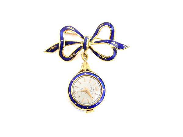 Yellow gold Pryngeps watch brooch with blue enamels