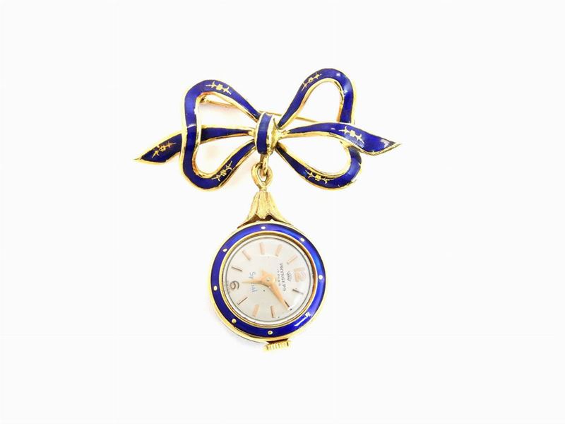 Spilla Orologio Pryngeps in Oro Giallo con Smalti Blu