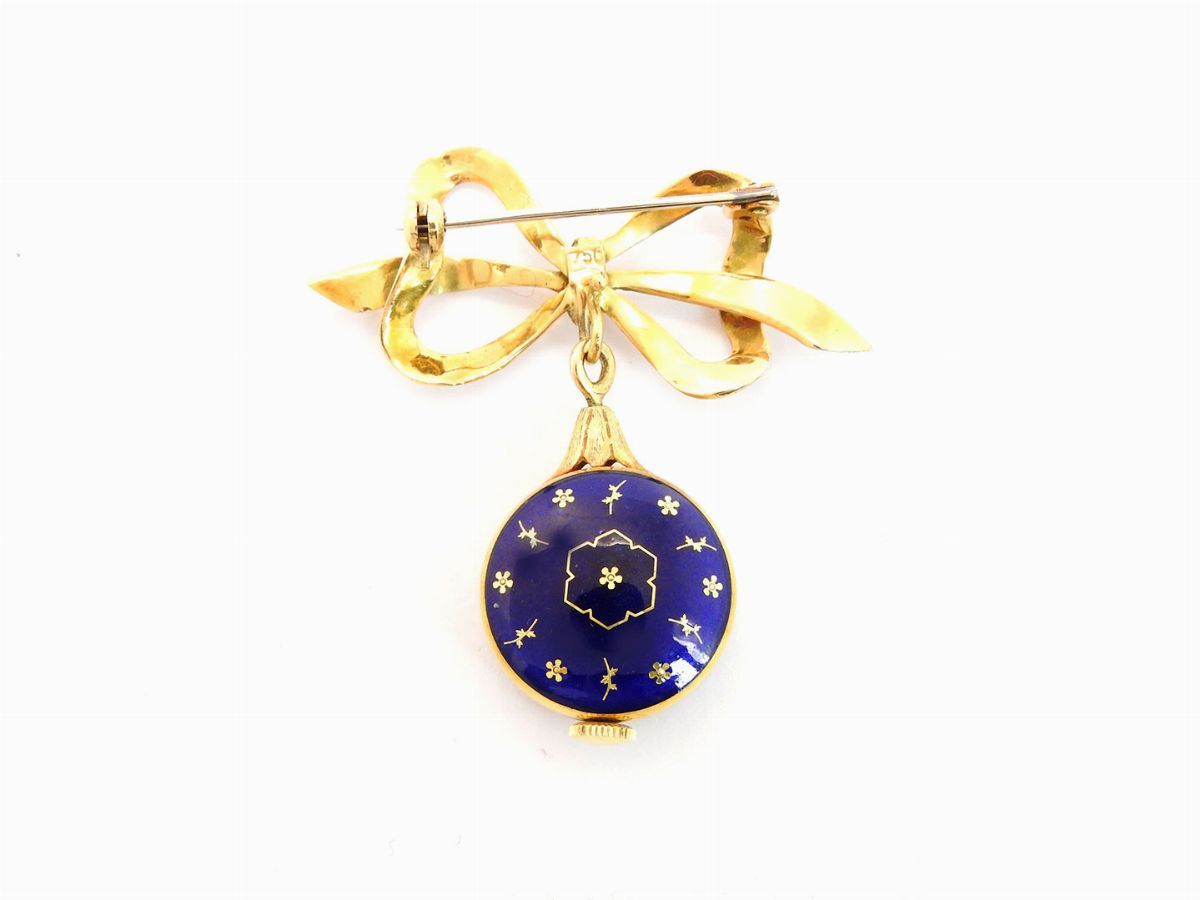 Spilla Orologio Pryngeps in Oro Giallo con Smalti Blu