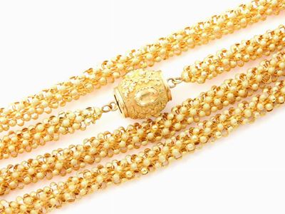Lunga Collana in Oro Giallo con Quarzi Citrini, Quarzo Ialino e Topazio Azzurro