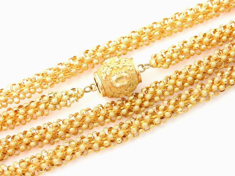 Lunga Collana in Oro Giallo con Quarzi Citrini, Quarzo Ialino e Topazio Azzurro
