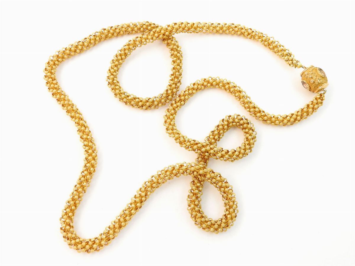 Lunga Collana in Oro Giallo con Quarzi Citrini, Quarzo Ialino e Topazio Azzurro