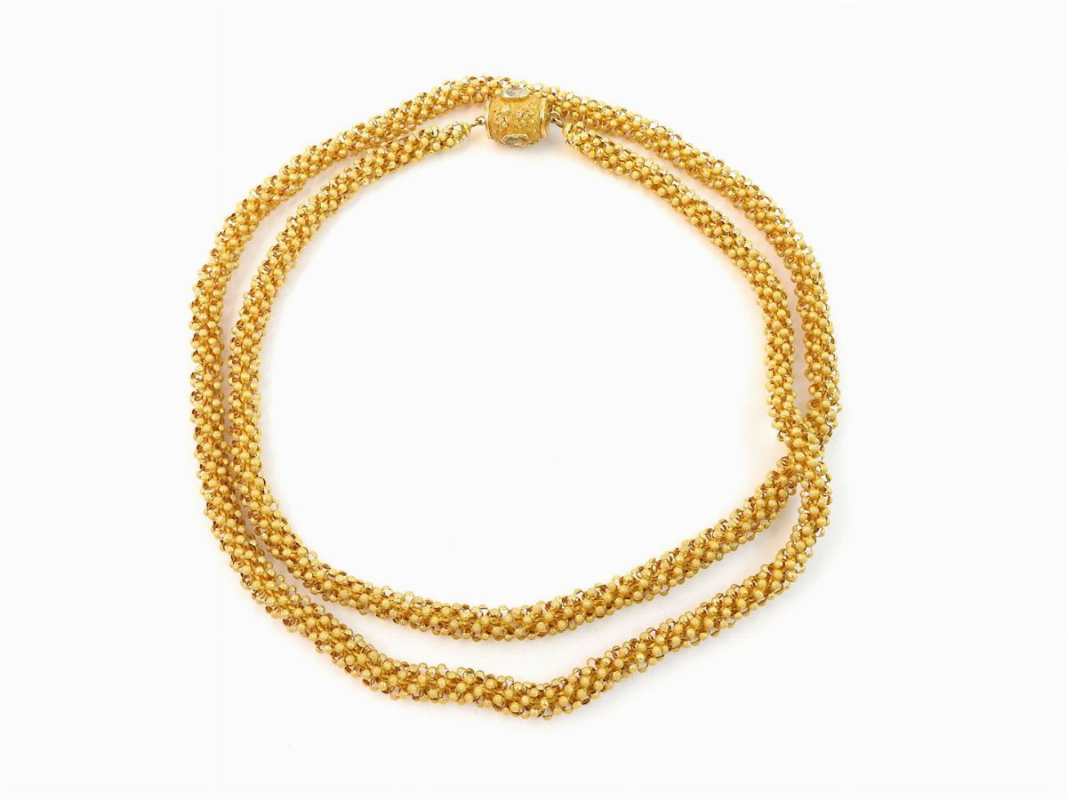 Lunga Collana in Oro Giallo con Quarzi Citrini, Quarzo Ialino e Topazio Azzurro