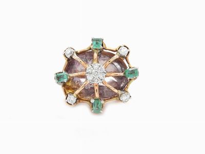 Anello in Oro Rosa con Diamanti, Smeraldi e Quarzo Ametista