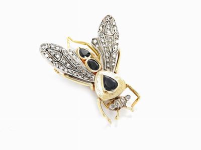 Spilla Animalier in Oro Giallo e Argento con Diamanti e Zaffiri