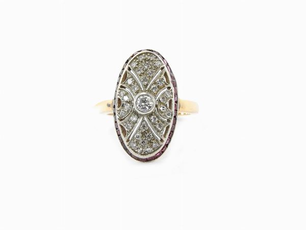 Yellow gold and silver ring with diamonds and rubies