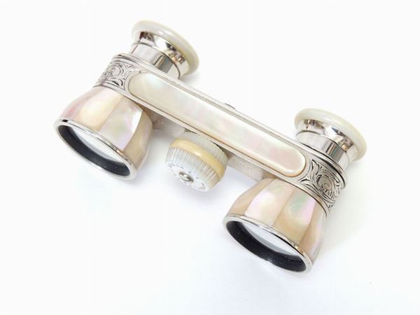 Silver metal and mother of pearl theater binoculars, Emil Busch Multinett