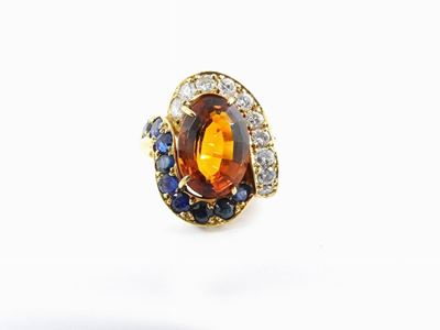 Anello in Oro Giallo con Diamanti, Zaffiri e Quarzo Citrino