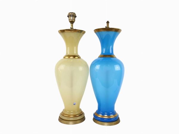 Pair of lamp bases in light blue opaline and cream, Cenedese