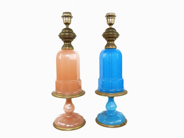 Pair of table lamps in light blue and pink opal