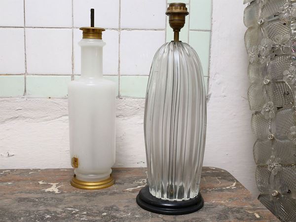 Two table lamps in Cenedese white opaline and colorless glass