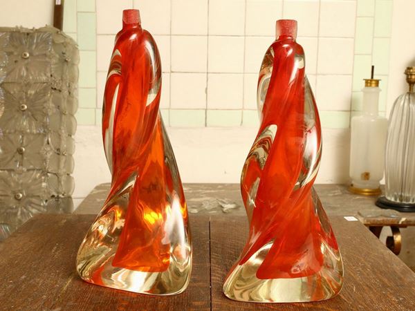 Pair of bases for table lamps in blown glass in shades of shaded red