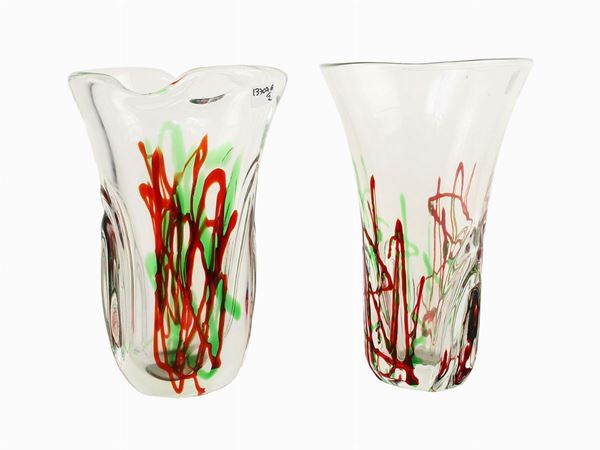Pair of colorless blown glass vases  (Seventies)  - Auction The Muccia Breda Collection in Villa Donà -  Borbiago of Mira (Venice) - Maison Bibelot - Casa d'Aste Firenze - Milano