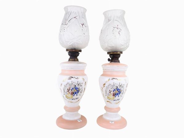 Pair of white and pink opal oil lamps