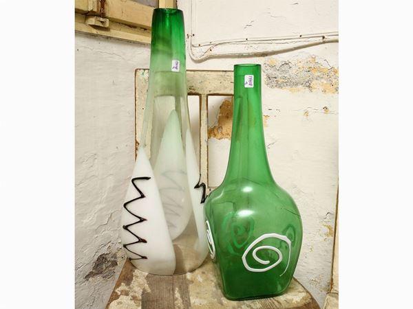 Hanging lamp in colorless and green Murano blown glass