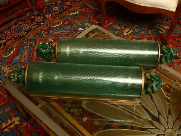 Pair of cylindrical wall lamps in reticdello blown glass in shades of green  (France, ca.1940)  - Auction The Muccia Breda Collection in Villa Donà -  Borbiago of Mira (Venice) - Maison Bibelot - Casa d'Aste Firenze - Milano