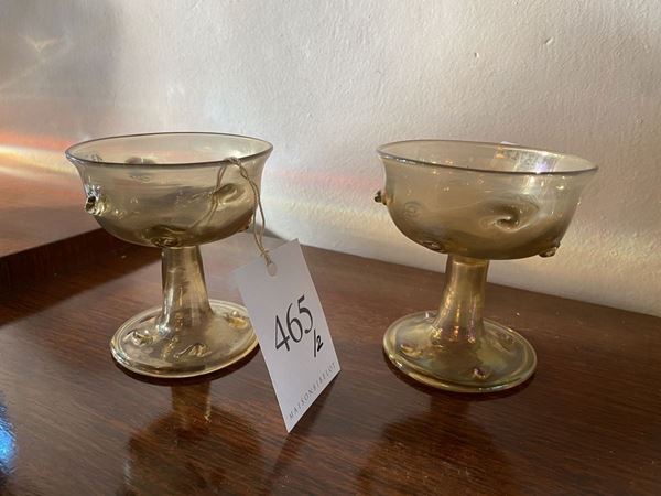 Two iridescent smoked blown glass glasses
