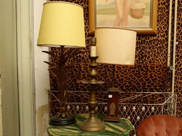 Three table lamps in wood and metal