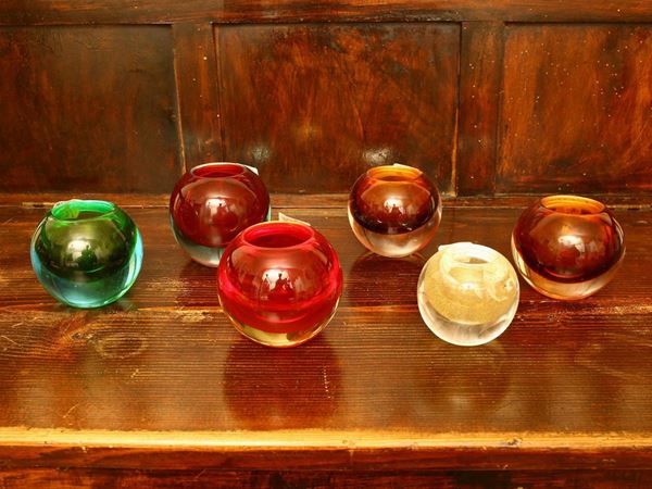 Six Cenedese jars in multicolored sommerso glass  (Murano, 1960s)  - Auction The Muccia Breda Collection in Villa Donà -  Borbiago of Mira (Venice) - Maison Bibelot - Casa d'Aste Firenze - Milano