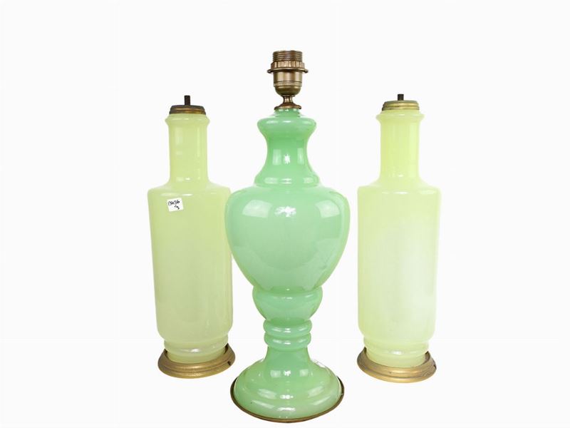 Coppia di Basi per Lampade in Vetro Opaline Giallo Chiaro