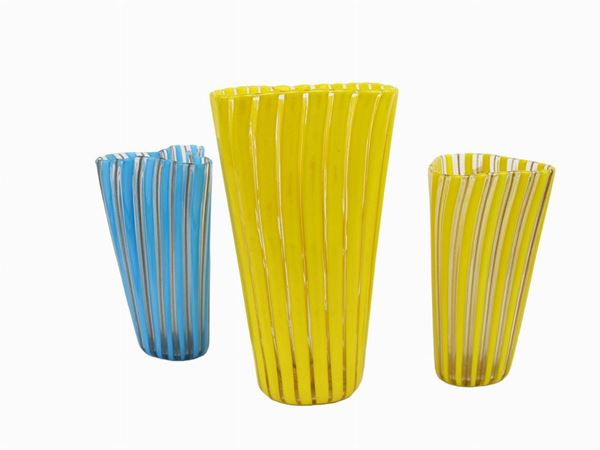 Three vases with polychrome Cenedese canes  (Murano, Sixties)  - Auction The Muccia Breda Collection in Villa Donà -  Borbiago of Mira (Venice) - Maison Bibelot - Casa d'Aste Firenze - Milano