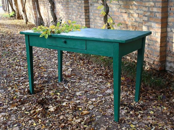 Rustic table in soft wood painted green  (early 20th century)  - Auction The Muccia Breda Collection in Villa Donà -  Borbiago of Mira (Venice) - Maison Bibelot - Casa d'Aste Firenze - Milano