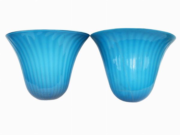 Pair of turquoise glass appliques with aventurine inclusions, Murano  (Murano, Sixties)  - Auction The Muccia Breda Collection in Villa Donà -  Borbiago of Mira (Venice) - Maison Bibelot - Casa d'Aste Firenze - Milano