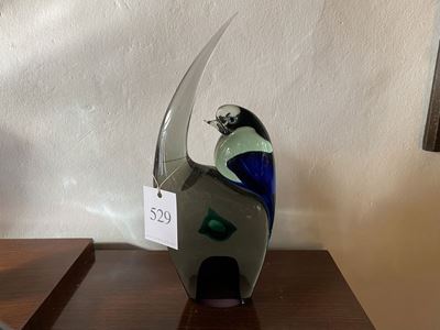 Figura di Uccellino in Vetro Sommerso nei Toni Fumè, Blu e Verde Chiaro, Cenedese