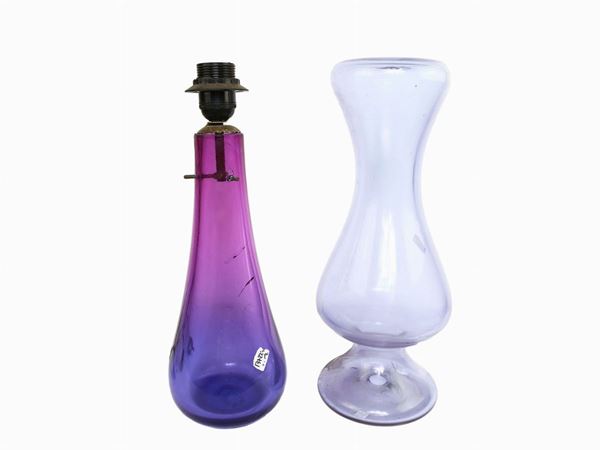 Two bases for table lamps in amethyst-colored glass