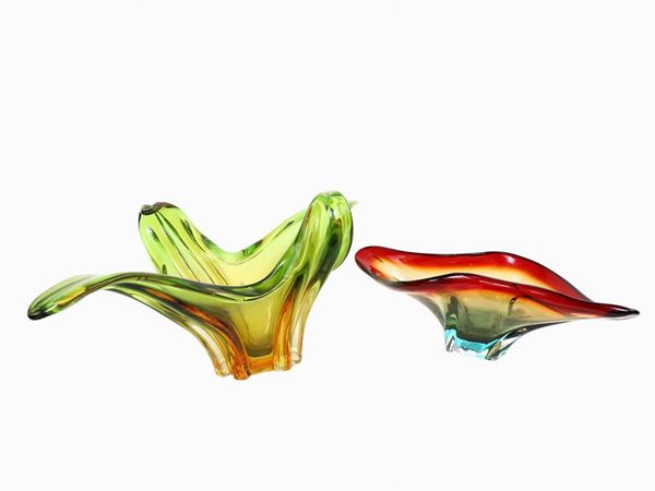 Two multicolored blown glass centerpieces