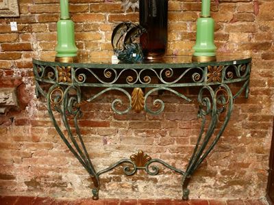 Console a Mezzaluna in Ferro Battuto Patinato Verde