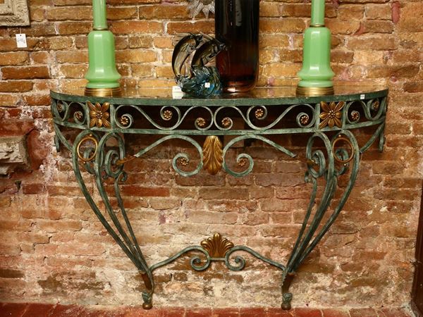 Half-moon console in green patinated wrought iron