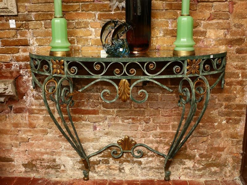 Console a Mezzaluna in Ferro Battuto Patinato Verde