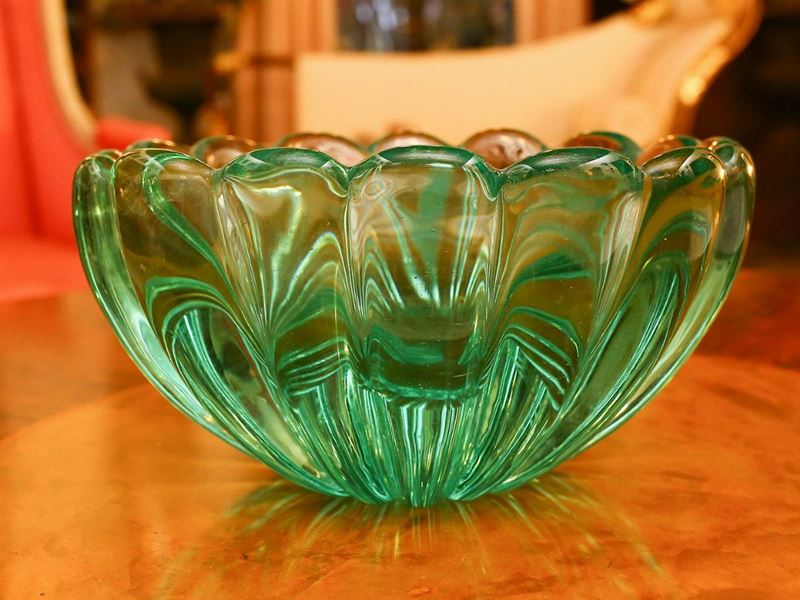 Coppa Baccellata in Vetro Sommerso Verde Acqua