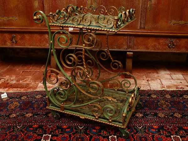 Green patinated wrought iron service trolley