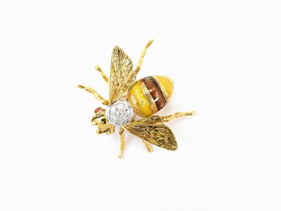 Spilla Animalier in Oro Giallo con Diamanti Rubini e Smalti Policromi