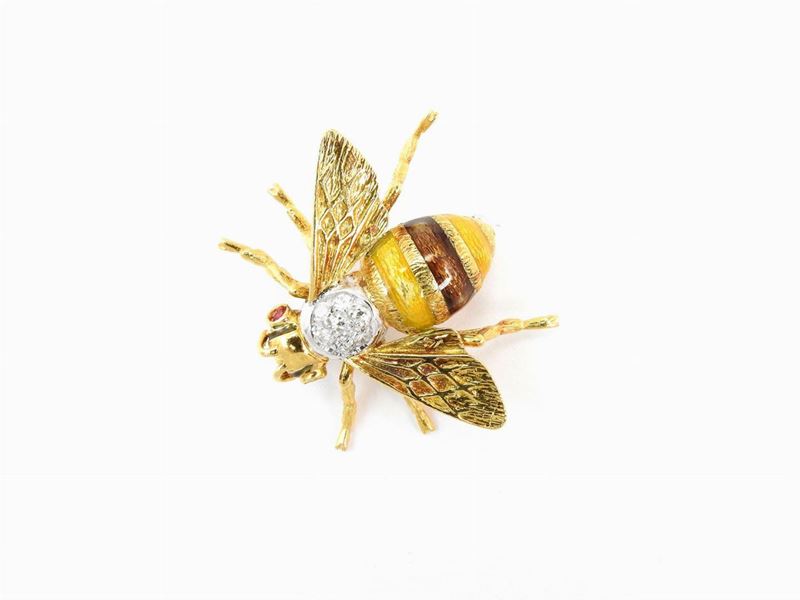 Spilla Animalier in Oro Giallo con Diamanti Rubini e Smalti Policromi
