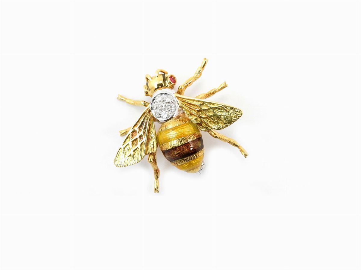 Spilla Animalier in Oro Giallo con Diamanti Rubini e Smalti Policromi