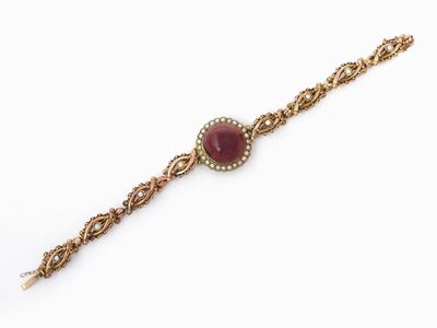 Bracciale Portaritratto in Oro a Basso Titolo con Granato e Microperle