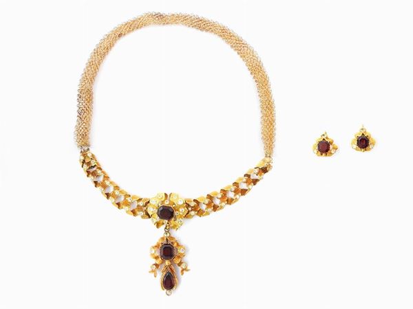 Low alloy yellow gold demi parure necklace and pendant earrings with garnets and chrysoberyls