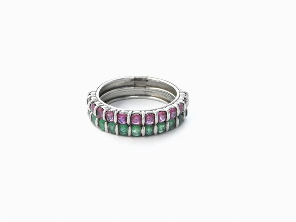 Two white gold rings with rubies and emeralds