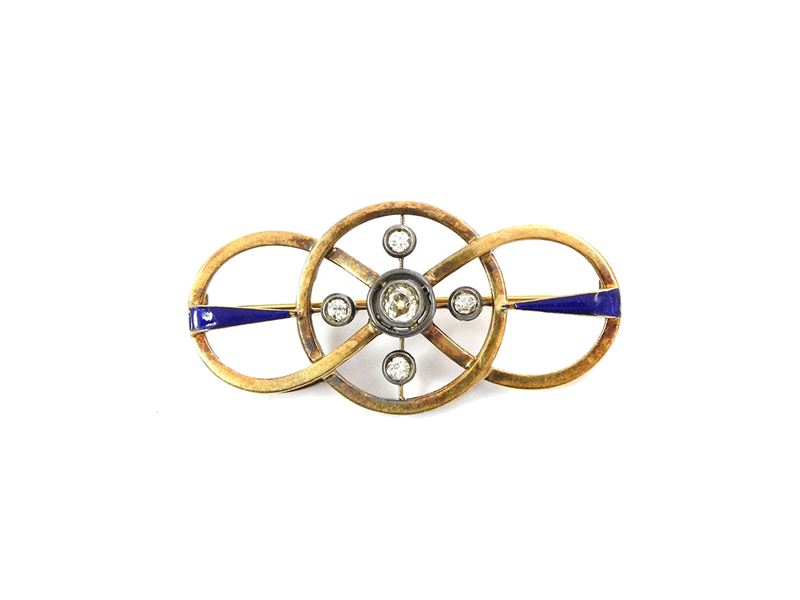 Spilla in Oro e Argento con Diamanti e Smalti Blu