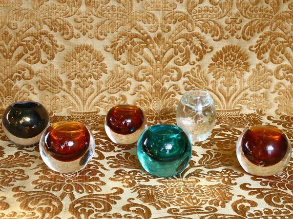 Series of six Cenedese candle holders in sommerso glass