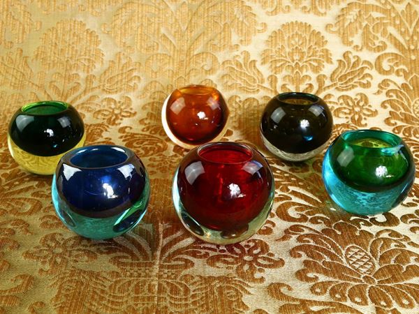 Series of six Cenedese candle holders in sommerso glass