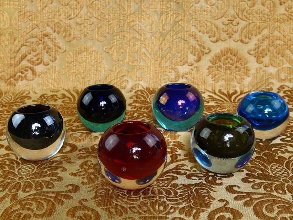 Series of six Cenedese candle holders in sommerso glass