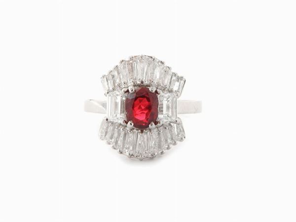 Platinum ballerina ring with diamonds and ruby