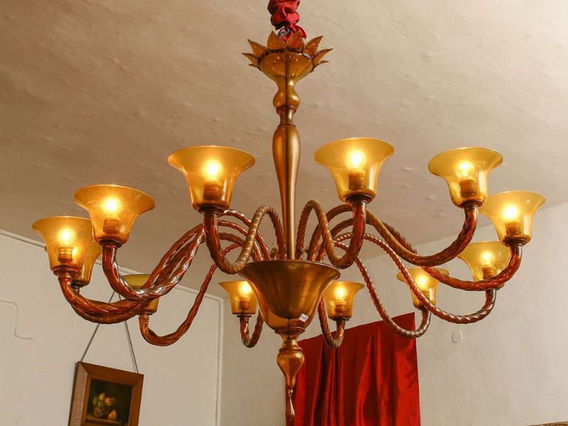 Grande Lampadario in Vetro Soffiato di Murano Color Ambra