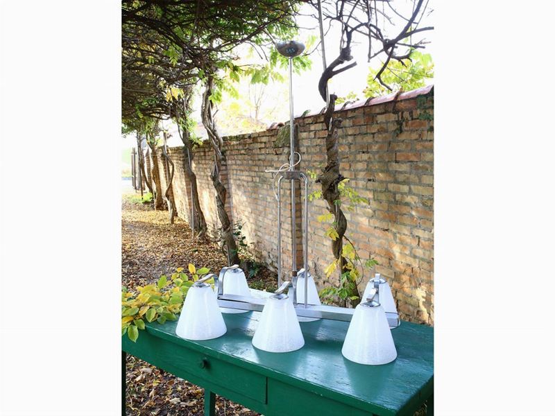 Lampadario a Barra in Metallo Cromato e Vetro di Murano
