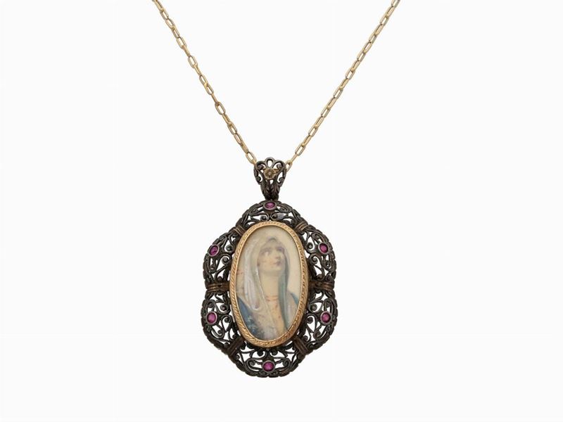 Catenina e Pendente Portaritratto con Miniatura in Oro Giallo e Argento con Rubini